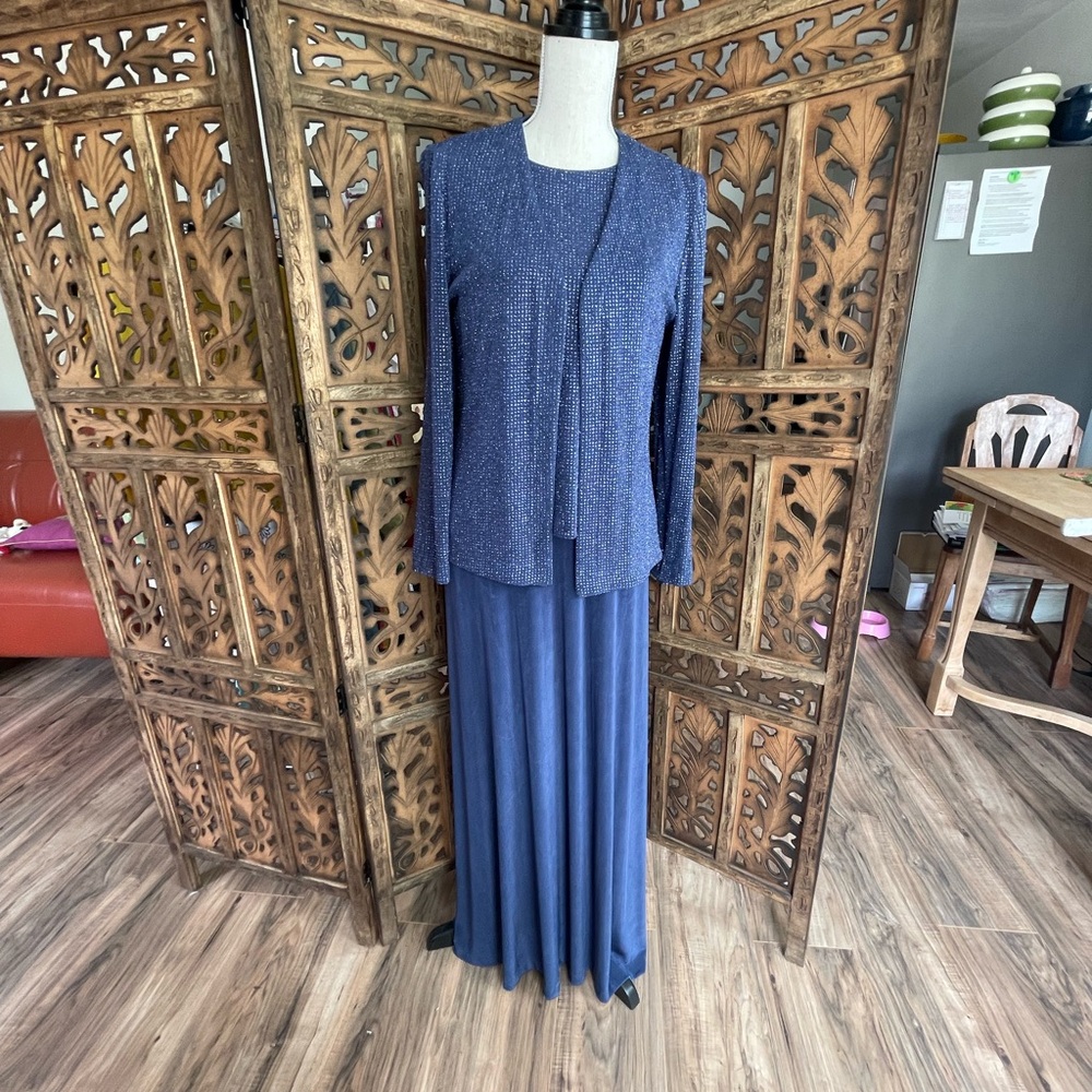 Alex Evenings Blue Maxi Dress and Lightweight Cardigan.
